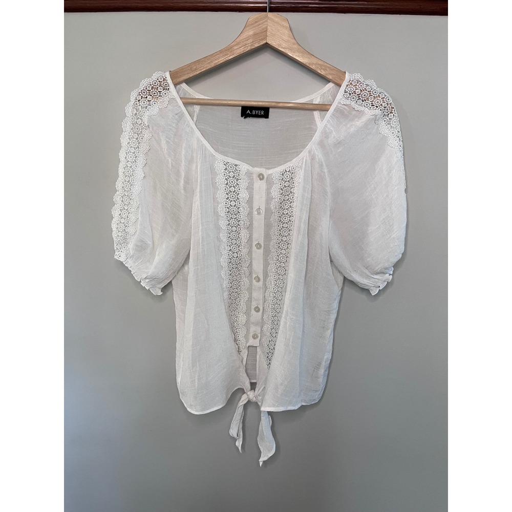 A. Byer White Crochet Lace Tie Front Blouse Medium Short Sleeve Boho Top